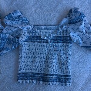 Zara Blue and White Patterned Long Sleeve Top